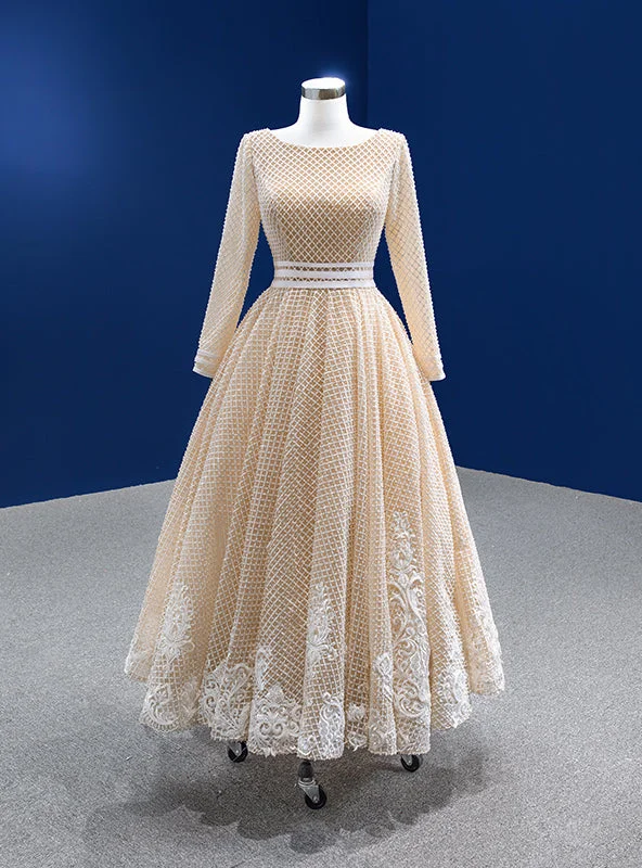 Champagne Tulle Long Sleeve Backless Appliques Prom Dress