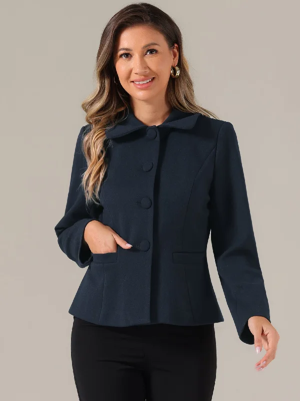 Collar Single Breasted Button Down Cropped Pea Coat Elasticated Drawstring Belted