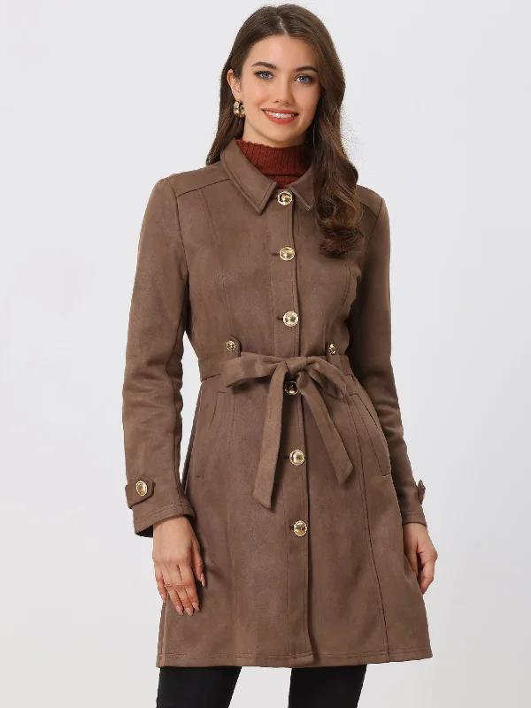 Vintage Faux Suede Mid-Thigh Belted Single Breasted Trench Coat Striped Polka Dot Floral