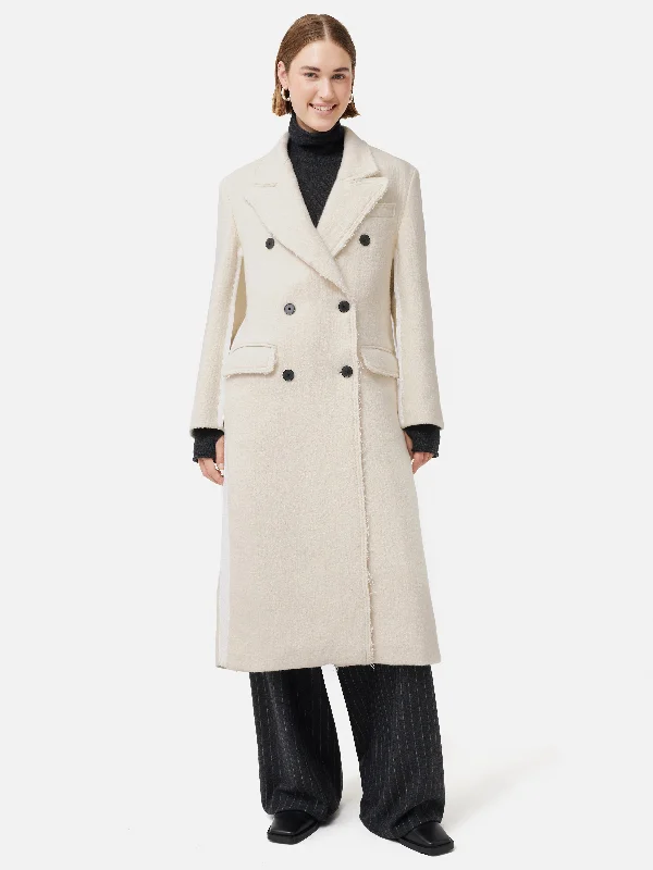 Italian Wool Frayed Edge Coat | Cream Down Puffer Quilted