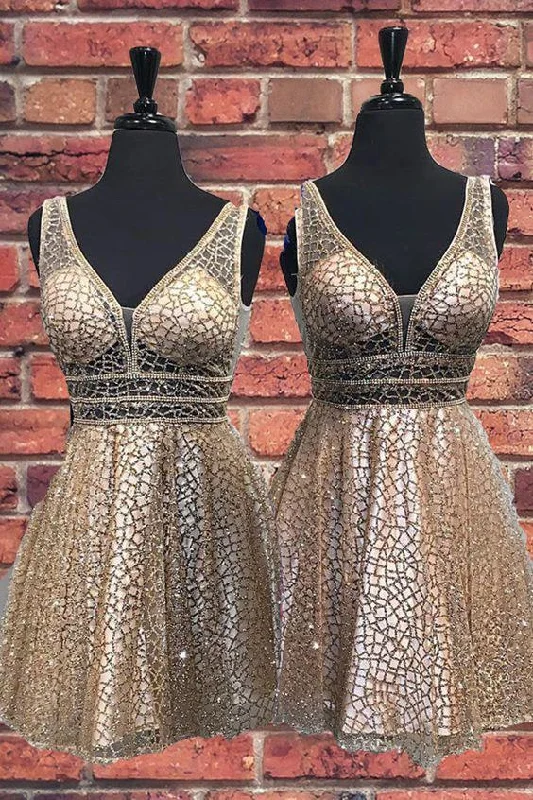 Sexy V Neck Sequins Straps Above Knee Homecoming Dresses Short Prom Dresses