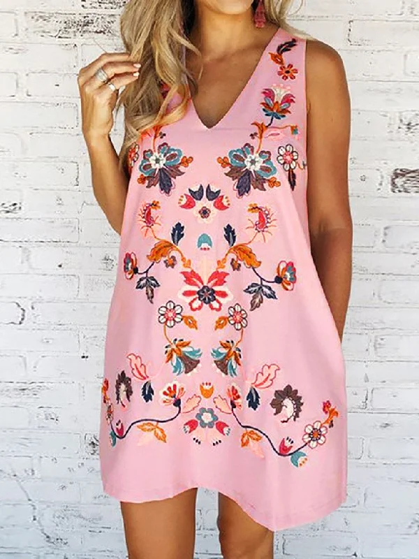 Floral Print  Women Fashion V-neck Sleeveless Casual Loose Summer  Loose A-line Party Dress Turtleneck Warm Winter