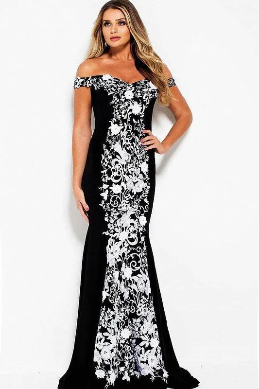 Jovani 54883 Off-Shoulder Floral Long Evening Dress Tunics Satin smooth