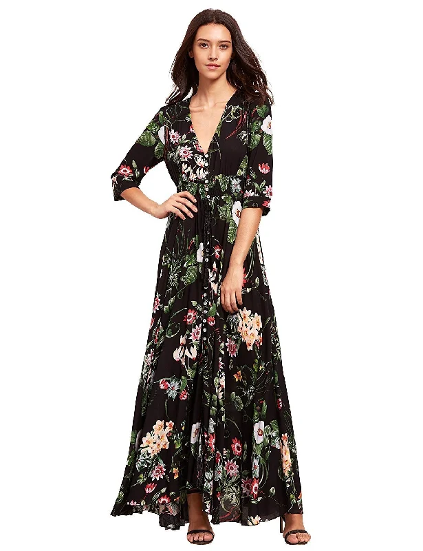 Button Up Split Floral Print Party Dress Pencil Length Work