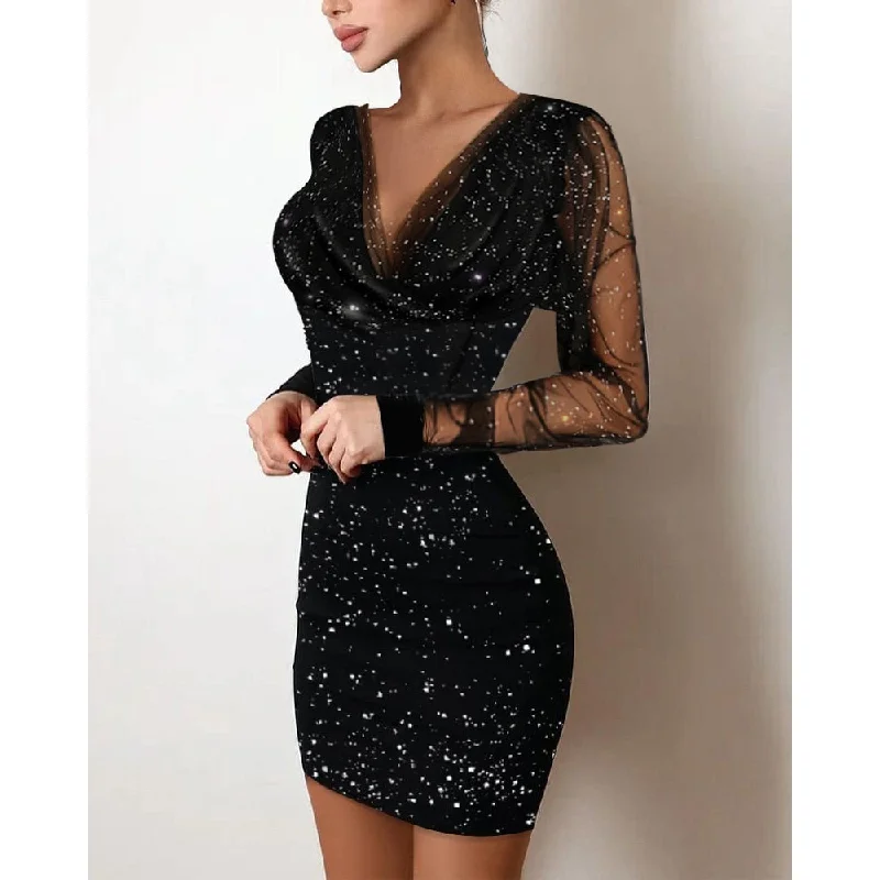 Sequin Sheer Mesh Glitter Long Sleeve Party Dress Tunics Versatile stylish