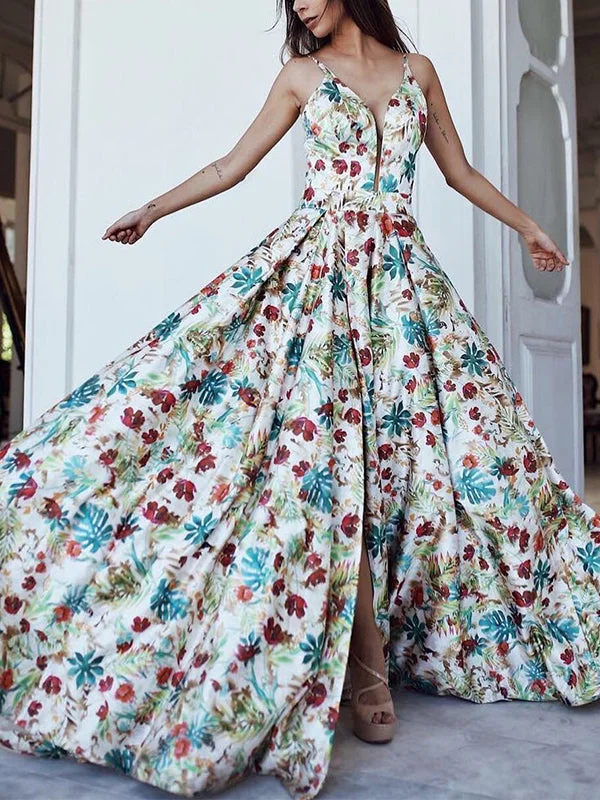 Sexy Deep Floral Printed Bohemian Maxi Evening Party Dresses Square Neckline Feminine