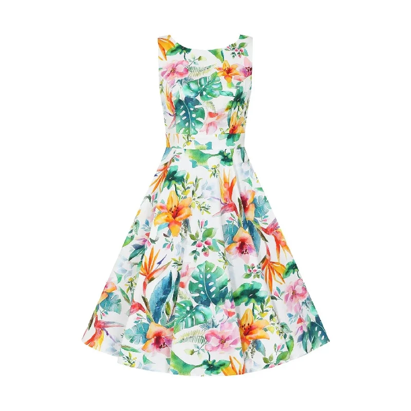 Tropical Print White Floral Summer Swing Party Dress Tunics Sophisticated sleek