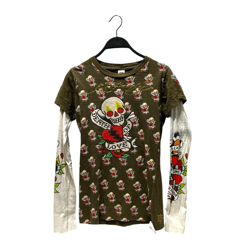 Ed Hardy/LS T-Shirt/L/All Over Print/Cotton/GRN/DEATH OF LOVE SKULL PRINT Boxy Fit Fitted Loose