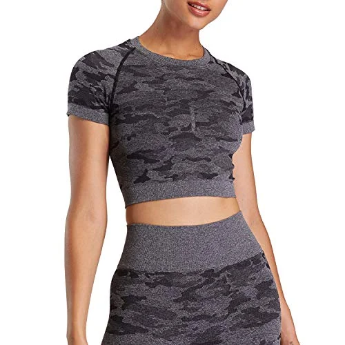 Aoxjox Women's Workout Short Sleeve Seamless Camo Crop Top Gym Sport Shirts (Camo/Black Charcoal, Medium) Mesh Fabric Canvas Fabric Denim Fabric