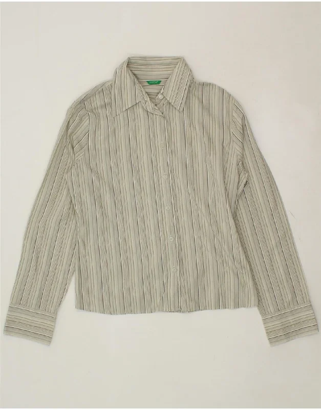 BENETTON Womens Shirt UK 14 Large Green Striped Cotton Cozy Warm Stylish