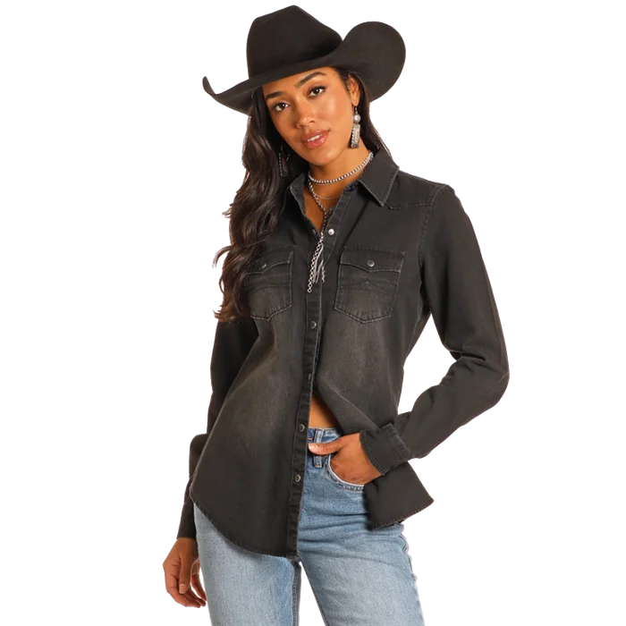 Black Denim Snap Front Shirt by Panhandle at Bourbon Cowgirl Iron Safe Non-Iron Wrinkle Free