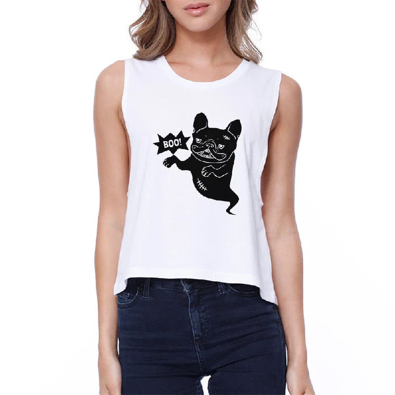 Boo French Bulldog Ghost Womens White Crop Top Zippered Front Buttoned Front Snap Front Boo French Bulldog Ghost Womens White Crop Top Zippered Front Buttoned Front Snap Front