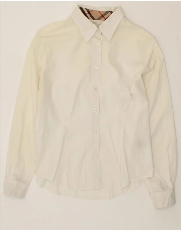 BURBERRY Womens Shirt UK 16 Large Off White Cotton Collared T-Shirt Boat Neck A-Line