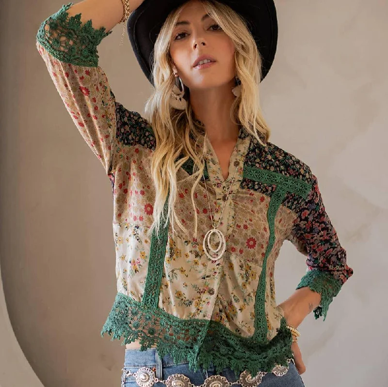 Lace Detailed Button Down Cropped Boho Cowgirl Shirt Lace Blend Ribbed Blend Corduroy Blend