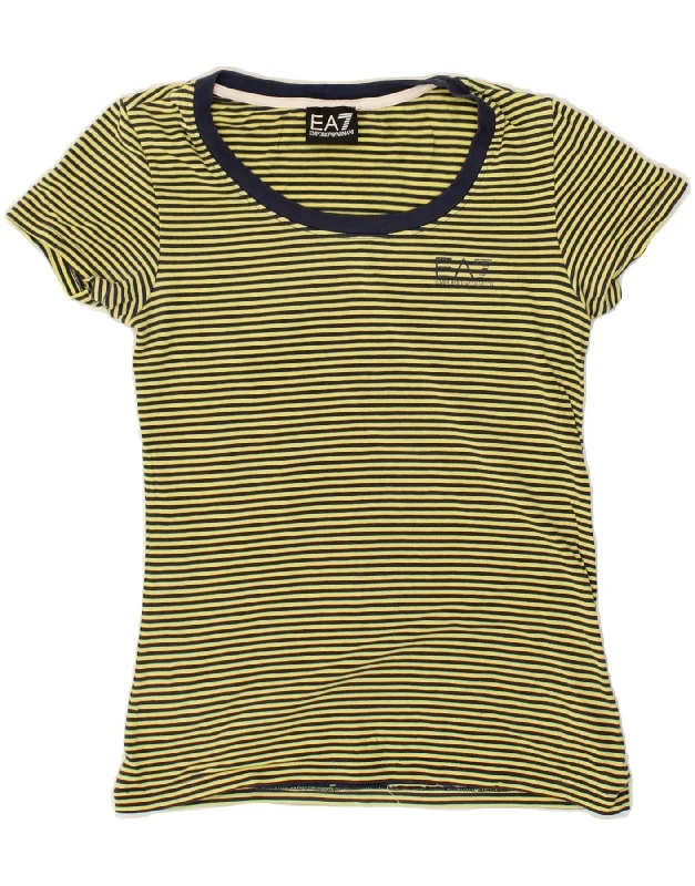 EMPORIO ARMANI Womens T-Shirt Top UK 6 XS Yellow Striped Cotton Spandex Blend Rayon Blend Denim Blend