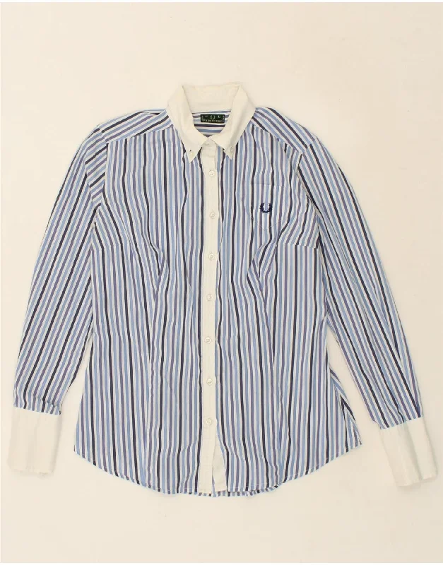 FRED PERRY Womens Shirt UK 16 Large Blue Striped Cotton Fleece Fabric Down Fabric Feather Fabric