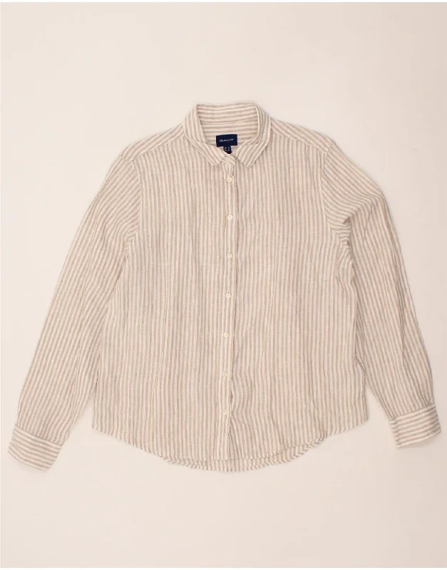 GANT Womens Shirt UK 14 Large Beige Pinstripe Linen Jersey Fabric Tulle Fabric Batik Fabric