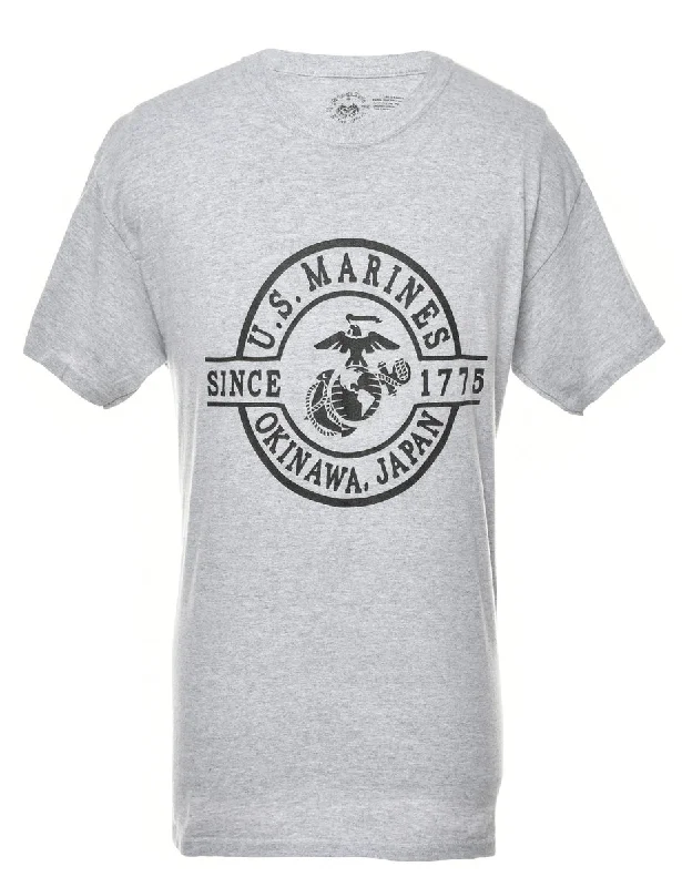 Grey US Marines Printed T-shirt - L Real Fur Shearling Chenille