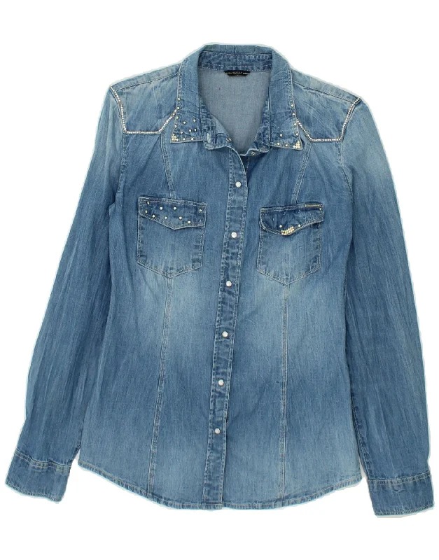 GUESS Womens Denim Shirt UK 14 Medium Blue Cotton Fashionable Trendy Casual