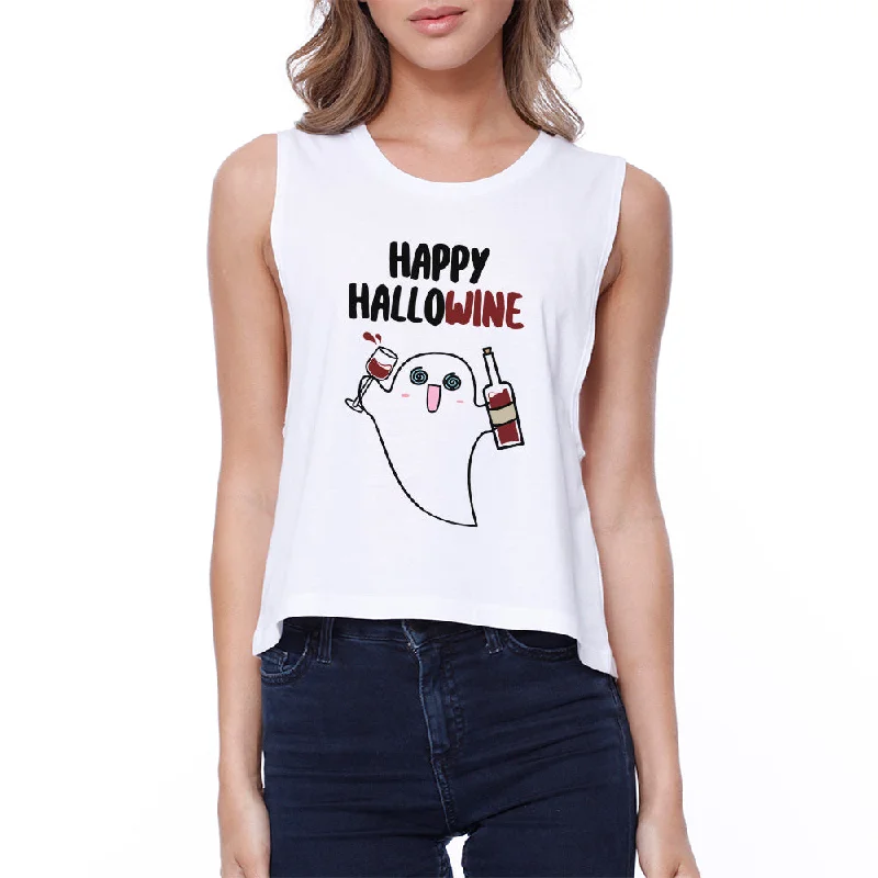Happy Hallowine Ghost Wine Womens White Crop Top Chenille Blend Fleece Blend Nylon Blend Happy Hallowine Ghost Wine Womens White Crop Top Chenille Blend Fleece Blend Nylon Blend