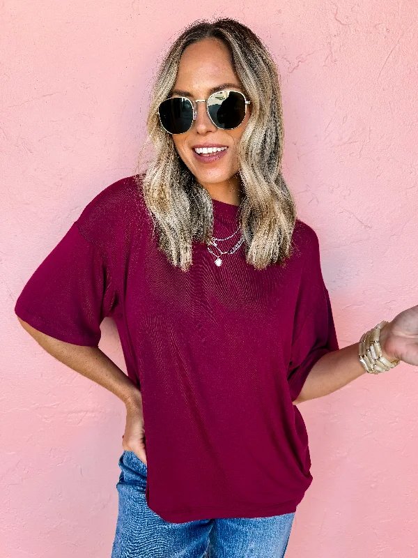 Belong To Me Boyfriend Tee-Burgundy Mesh Canvas Denim