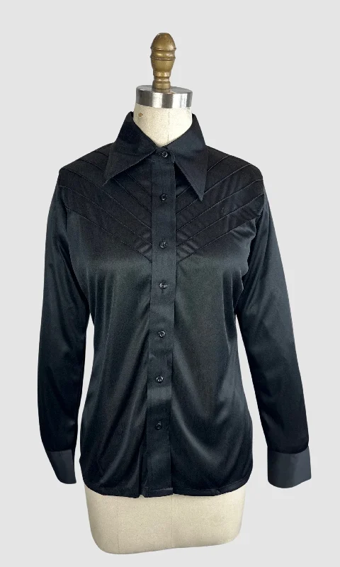 PIERRE FOSHEY 70s Deadstock Black Polyester Disco Shirt • Extra Small Rayon Velvet Corduroy