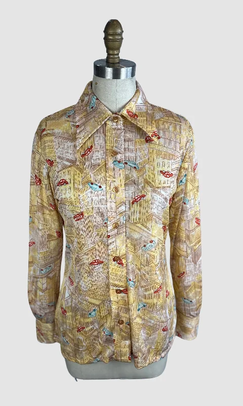 PIERRE FOSHEY 70s Deadstock City Print Polyester Disco Shirt • Medium Modern Contemporary Chic