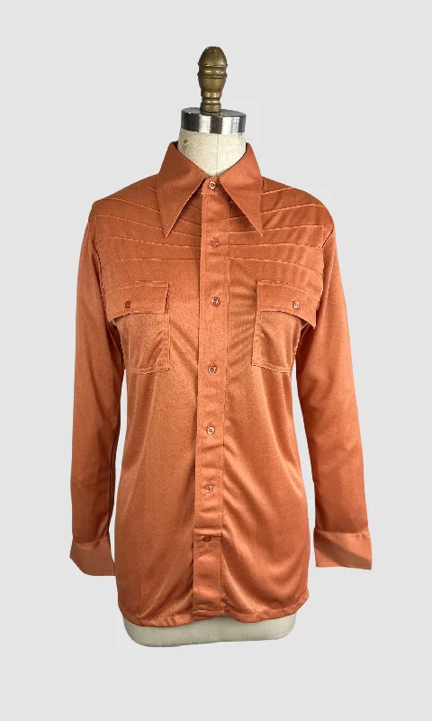 PIERRE FOSHEY 70s Deadstock Orange Polyester Disco Shirt • Large Basic T-Shirt Crew Neck Short Sleeve