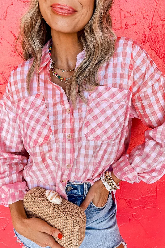 Pink Gingham Print Chest Pockets Buttoned Shirt Beaded Sequined Faux Fur