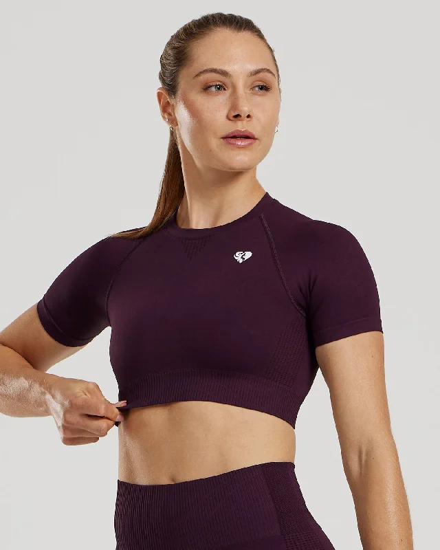 Power Seamless Short Sleeve Crop Top | Midnight Plum Welt Pockets Slit Pockets Flap Pockets Power Seamless Short Sleeve Crop Top | Midnight Plum Welt Pockets Slit Pockets Flap Pockets