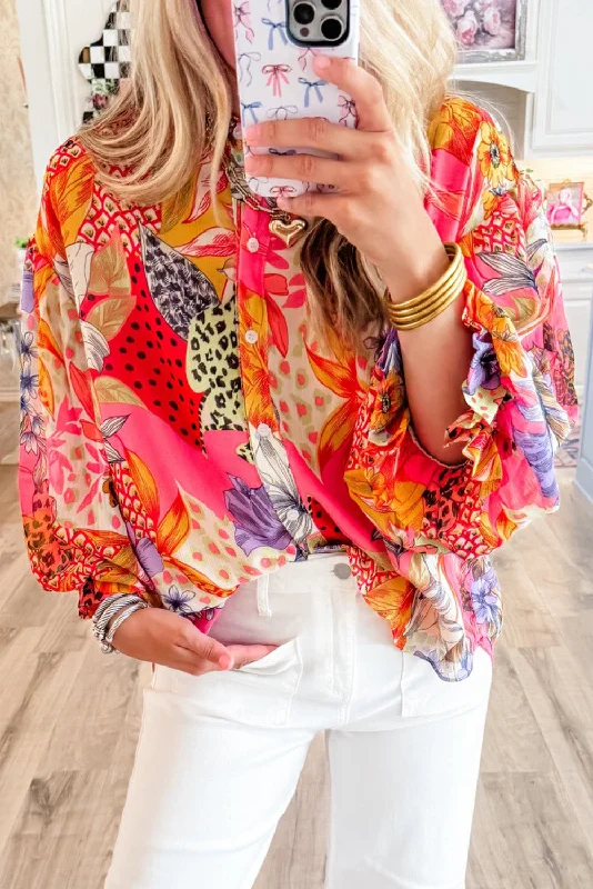 Red Abstract Floral Print Buttoned Ruffle Bubble Sleeve Shirt Spandex Blend Rayon Blend Denim Blend