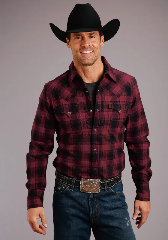 Stetson Mens Black/Red 100% Cotton Check Mate L/S Shirt Terry Blend Velvet Blend Canvas Blend