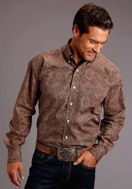 Stetson Mens Brown 100% Cotton Medallion Paisley BD L/S 1 Pocket Shirt Houndstooth Herringbone Solid