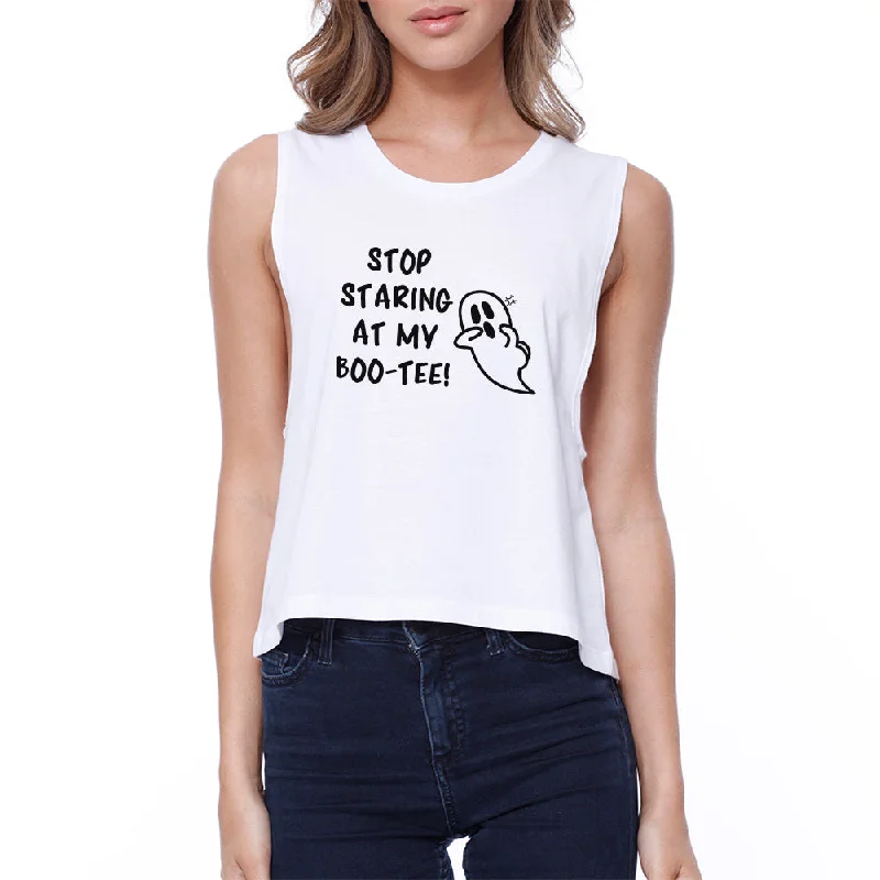 Stop Staring At My Boo-Tee Ghost Womens White Crop Top Houndstooth Herringbone Solid Stop Staring At My Boo-Tee Ghost Womens White Crop Top Houndstooth Herringbone Solid