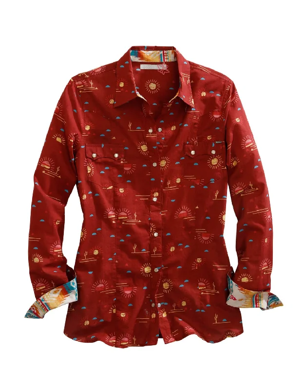 Tin Haul Womens Red 100% Cotton Santa Fe Sun L/S Shirt Welt Pockets Slit Pockets Flap Pockets