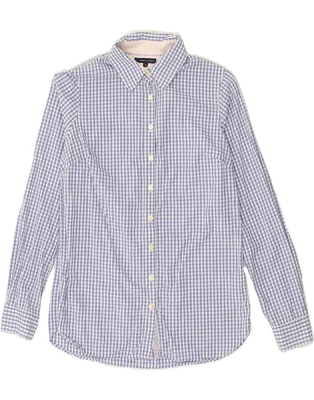 TOMMY HILFIGER Womens Shirt US 6 Medium Blue Gingham Cotton Mesh Blend Leather Blend Suede Blend