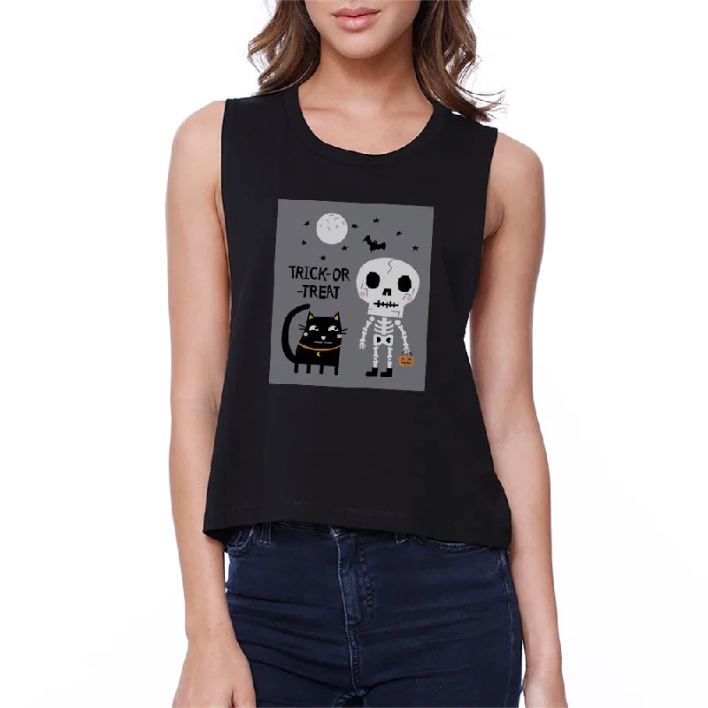 Trick-Or-Treat Skeleton Black Cat Womens Black Crop Top Denim Fabric Leather Fabric Suede Fabric Trick-Or-Treat Skeleton Black Cat Womens Black Crop Top Denim Fabric Leather Fabric Suede Fabric