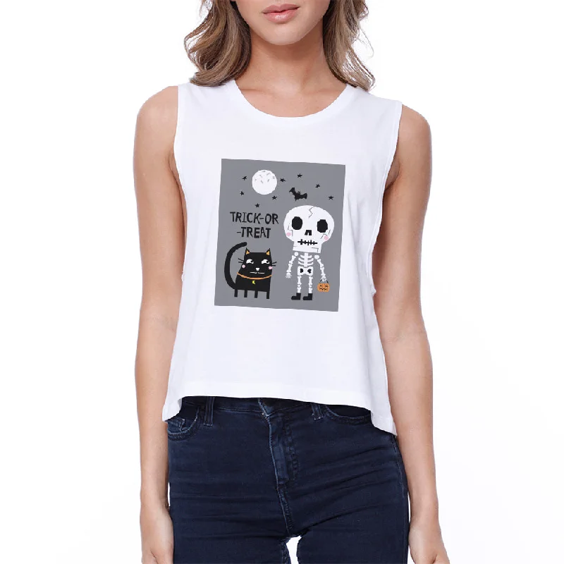 Trick-Or-Treat Skeleton Black Cat Womens White Crop Top Machine Wash Dry Clean Hand Wash Trick-Or-Treat Skeleton Black Cat Womens White Crop Top Machine Wash Dry Clean Hand Wash