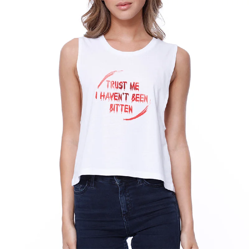 Trust Me I Haven't Been Bitten Blood Womens White Crop Top Graphic Embroidered Appliqued Trust Me I Haven't Been Bitten Blood Womens White Crop Top Graphic Embroidered Appliqued