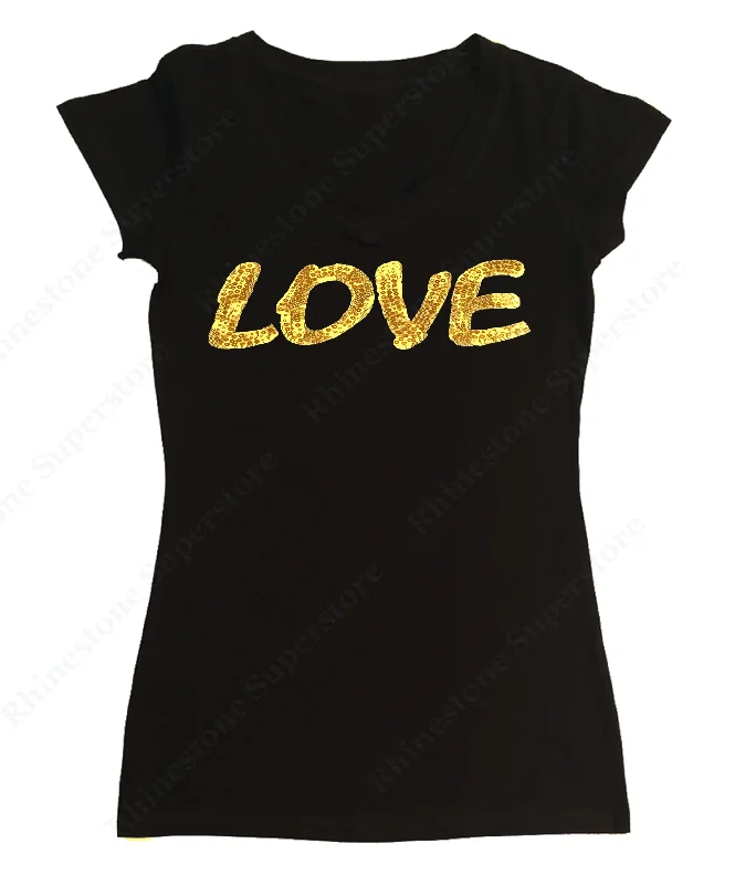 Womens T-shirt with Gold Love in Lace and Spangles Chenille Blend Fleece Blend Nylon Blend