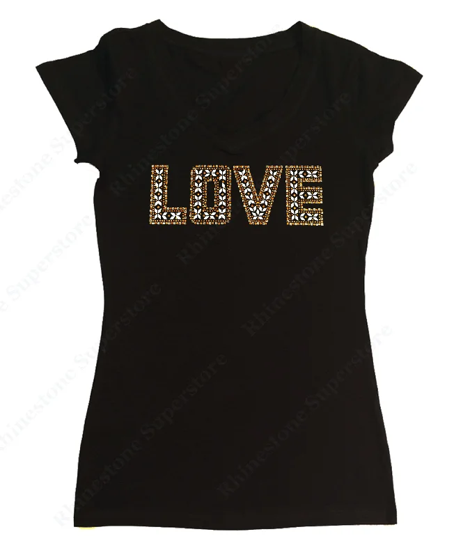 Womens T-shirt with Gold Love in Rhinestuds Embroidered Appliqued Beaded