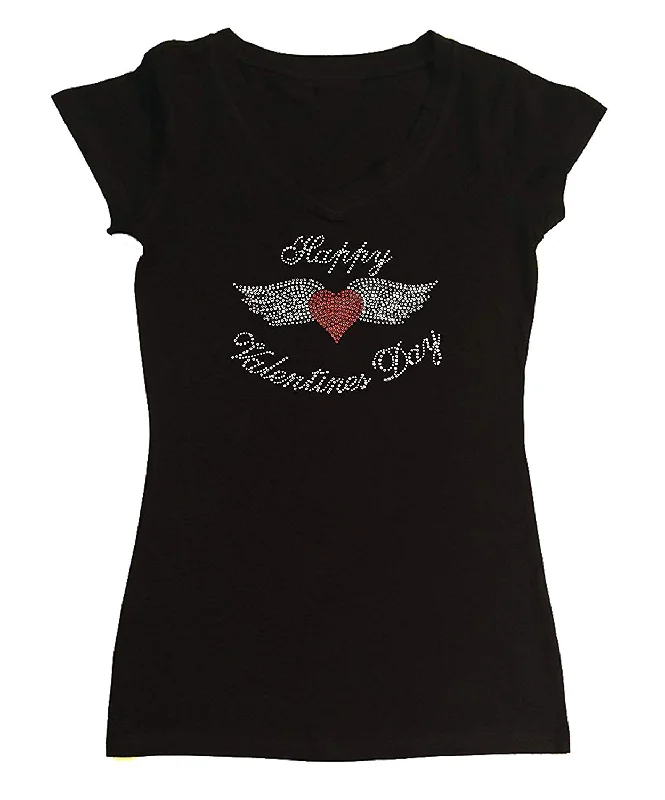 Womens T-shirt with Happy Valentine's Day Heart with Wings in Rhinestones Anti-Pilling Machine Wash Handmade Womens T-shirt with Happy Valentine's Day Heart with Wings in Rhinestones Anti-Pilling Machine Wash Handmade