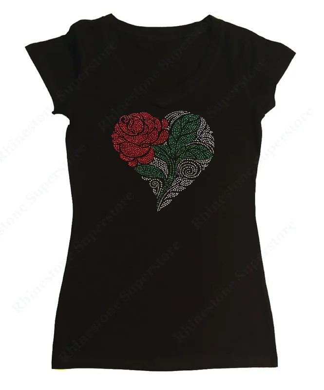 Womens T-shirt with Heart with Rose and Green Leaf in Rhinestones Zippered Front Buttoned Front Snap Front Womens T-shirt with Heart with Rose and Green Leaf in Rhinestones Zippered Front Buttoned Front Snap Front
