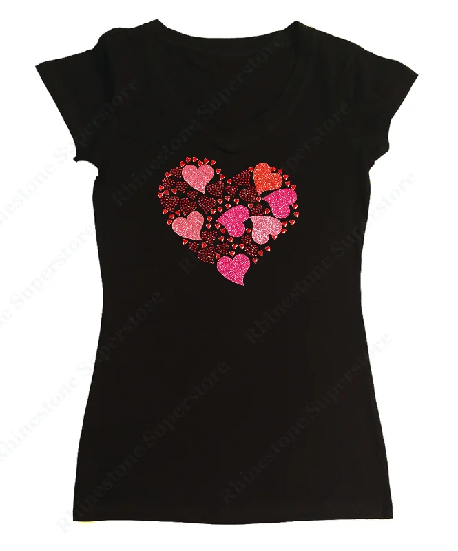 Womens T-shirt with Hearts Collage in Rhinestones and Glitters Plaid T-Shirt Polka Dot Checkered