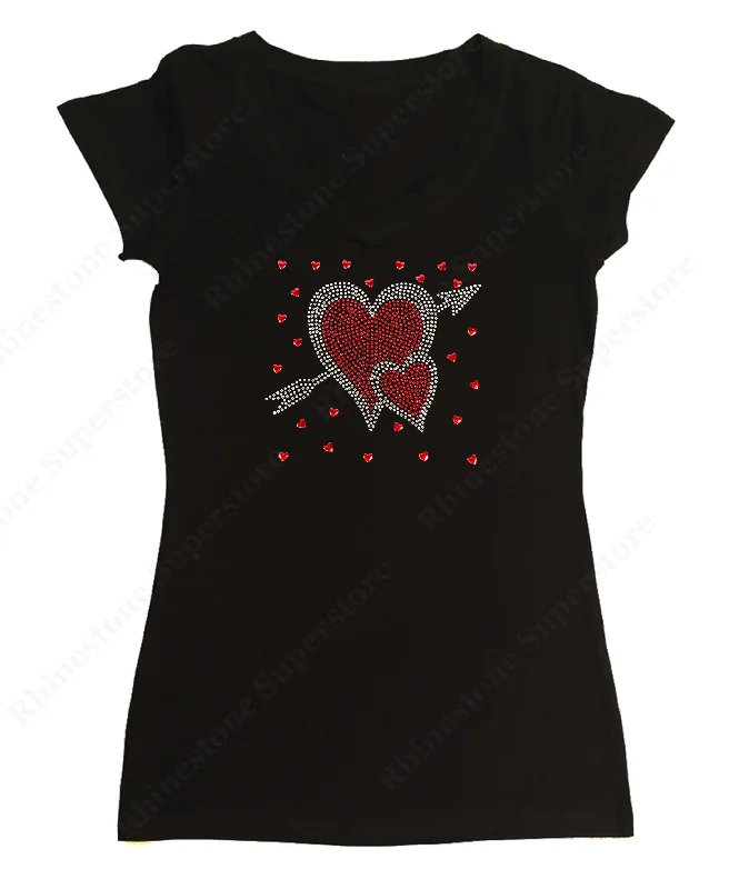 Womens T-shirt with Hearts with Arrow in Rhinestones Fitted T-Shirt Seamless Stretchy