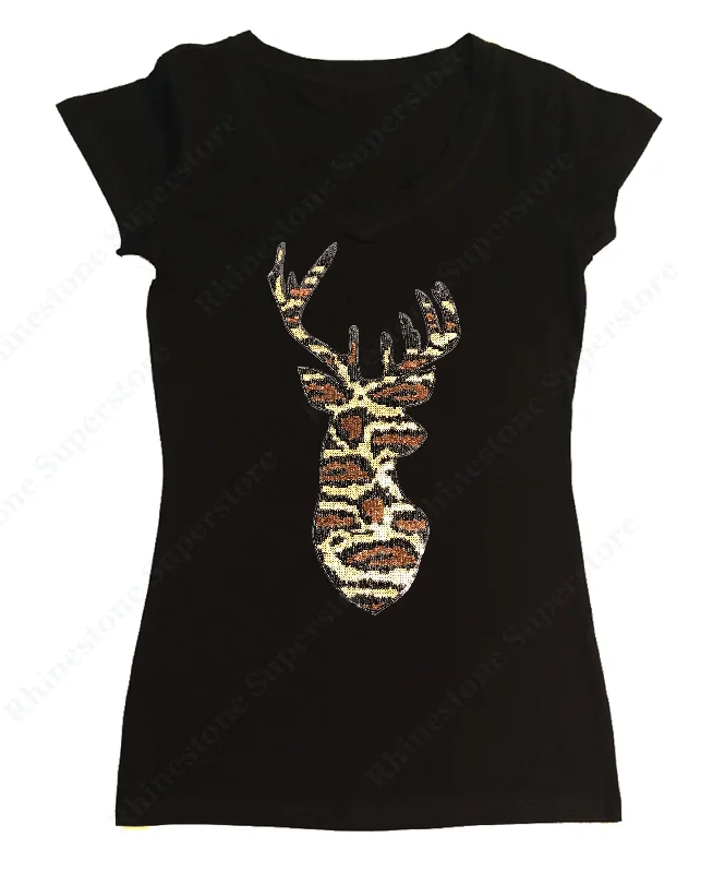 Womens T-shirt with Leopard Print Reindeer in Sequence Knit Fabric Woven Fabric Fleece Fabric