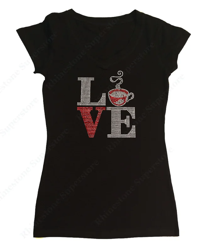 Womens T-shirt with Love Coffee in Spangles Elasticated Padded Insulated