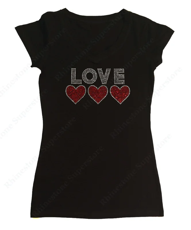 Womens T-shirt with Love with 3 Hearts in Rhinestones V-Neck T-Shirt Long Sleeve Cotton