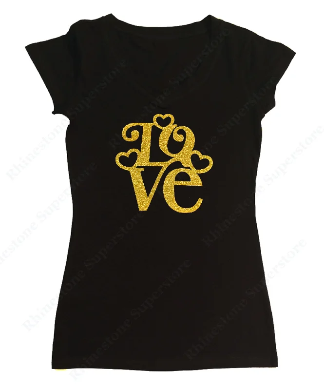 Womens T-shirt with Love with Hearts in Gold Glitters Terry Blend Velvet Blend Canvas Blend