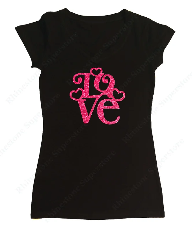 Womens T-shirt with Love with Hearts in Pink Glitters Layered Multi-layer Single Layer